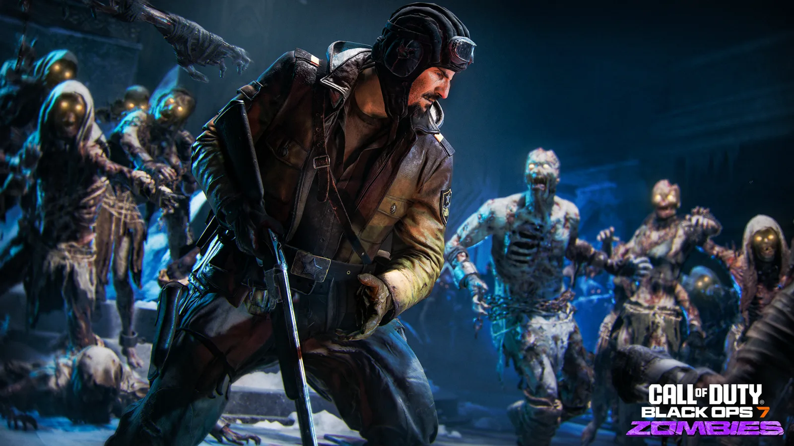 A Black Ops 7 Zombies crew member holding a sword while glowing-eyed zombies close in, from the Season 06 Rex Infernus Directed Mode announcement