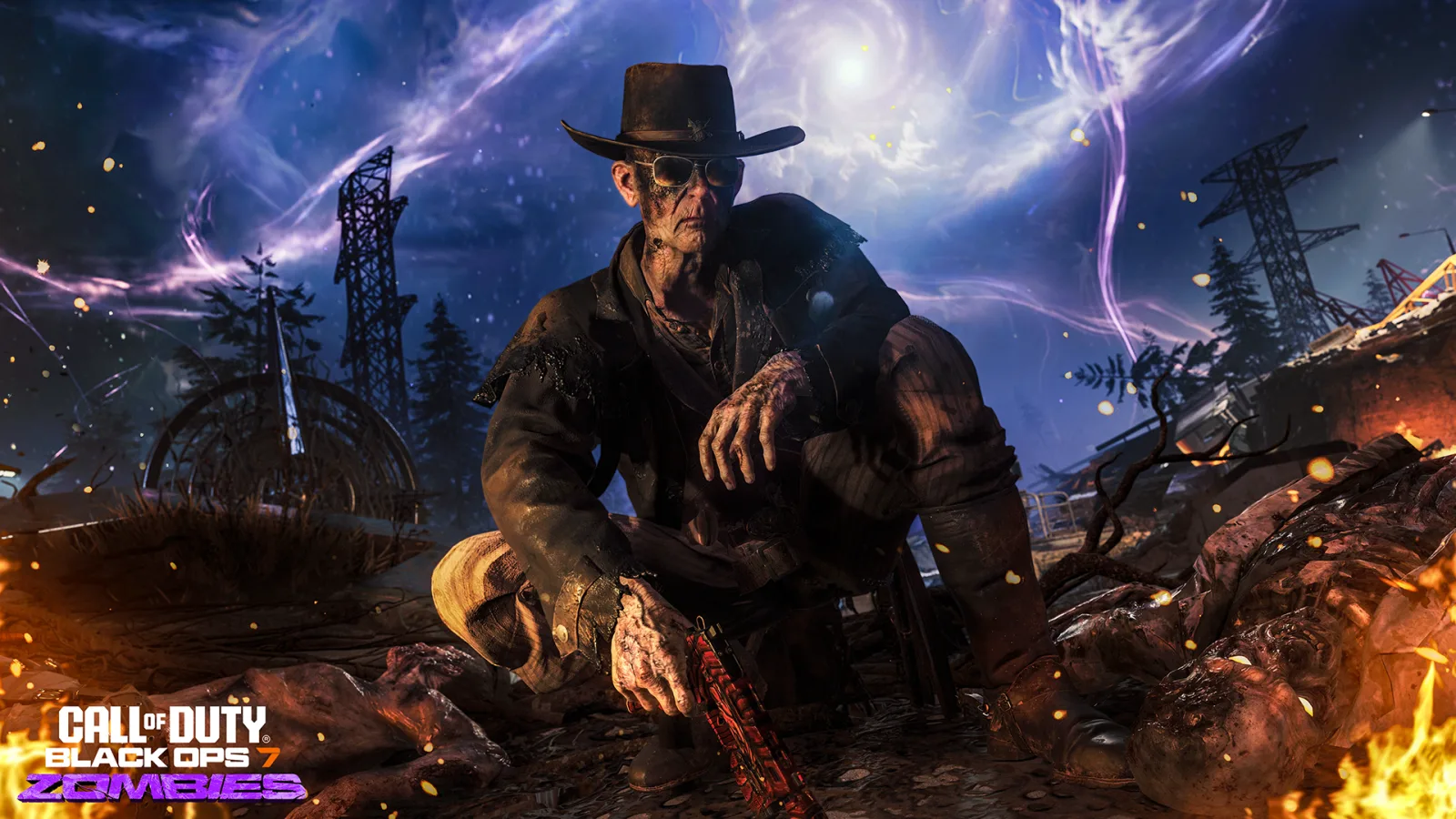 The Warden, a coated figure in a wide-brimmed hat crouching in a burning field under a purple Dark Aether sky, shown in the Black Ops 7 Zombies Super Easter Egg announcement