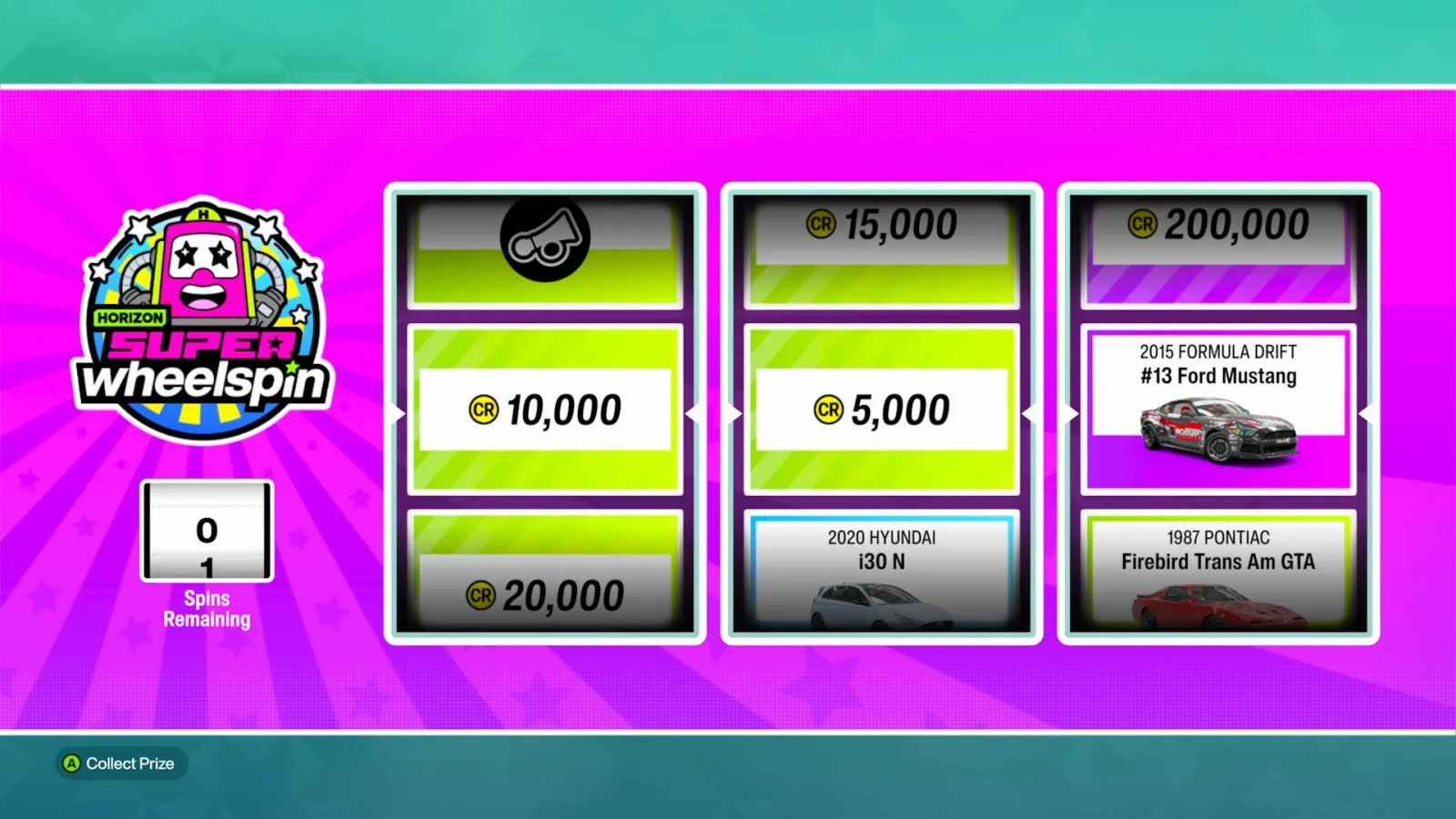 Forza Horizon 6 Super Wheelspin screen with three reels showing 10,000, 5,000 and 200,000 credit prizes and car prizes
