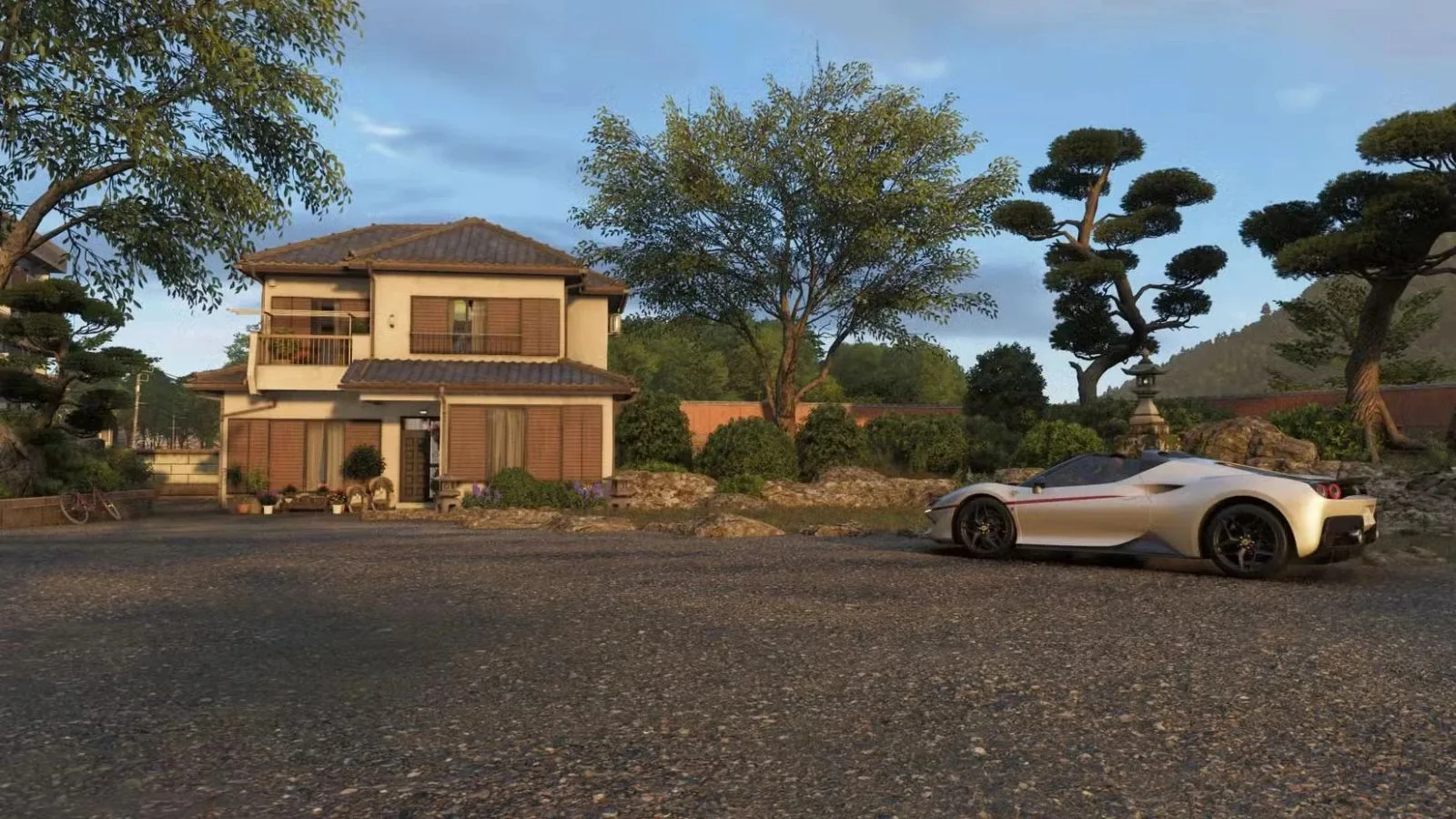 The Tokyo House player house in Forza Horizon 6 with a white Ferrari parked in front