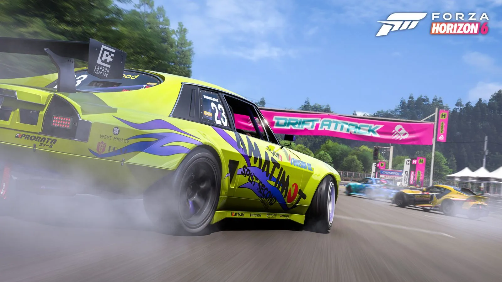 Cars drifting under the Drift Attack gantry at Shimanoyama Circuit in Forza Horizon 6