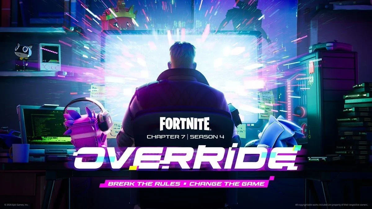 Fortnite Chapter 7 Season 4 Override key art: a player seen from behind at a glowing computer screen, with the Override logo