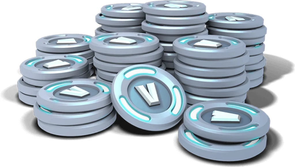 Stacks of silver Fortnite V-Bucks coins shown on Epic's Fortnite Crew page