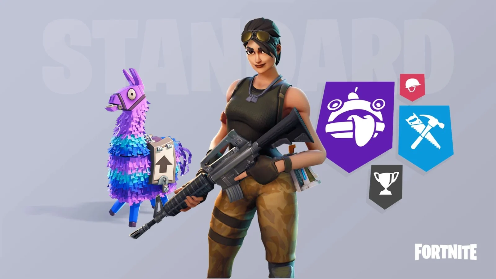 Fortnite Standard Founder's Pack artwork with a soldier hero holding a rifle next to a purple loot llama