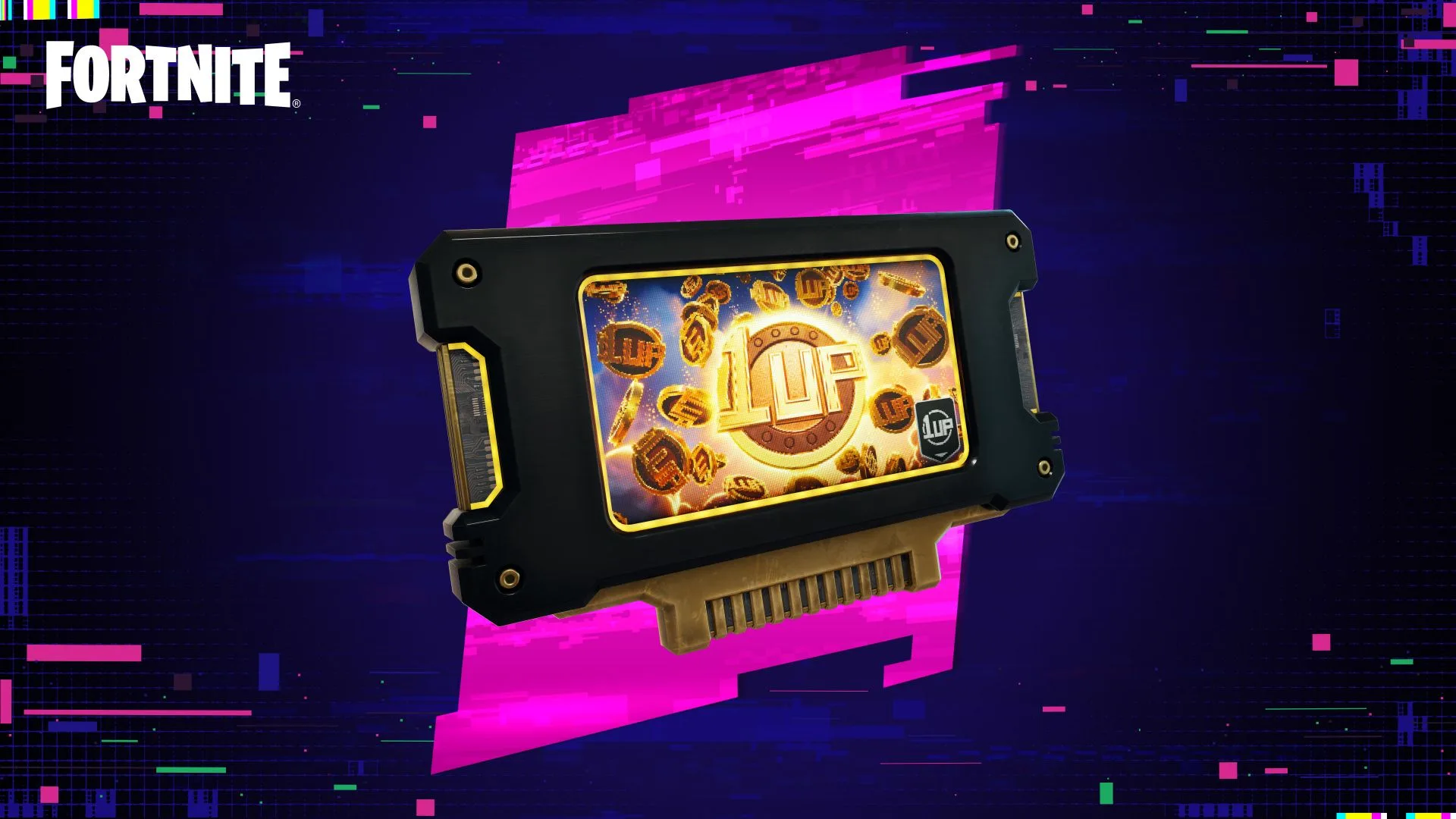 An Override cartridge with a glowing 1UP coin label against a pink and purple glitch background