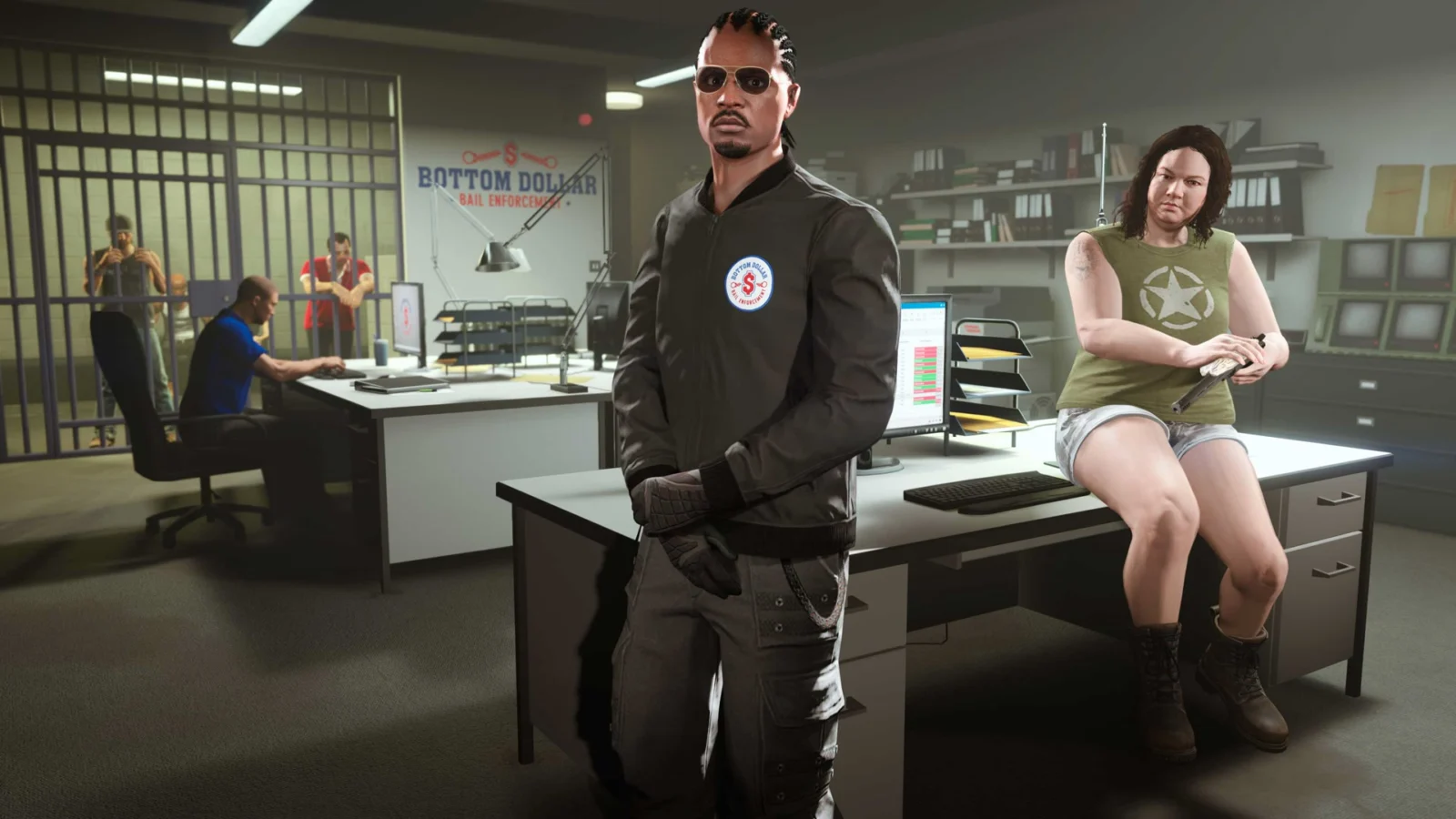 Inside a Bottom Dollar Bail Enforcement office: an agent in front of a desk, Jenette Eccles sitting on the desk, and the holding cell behind them
