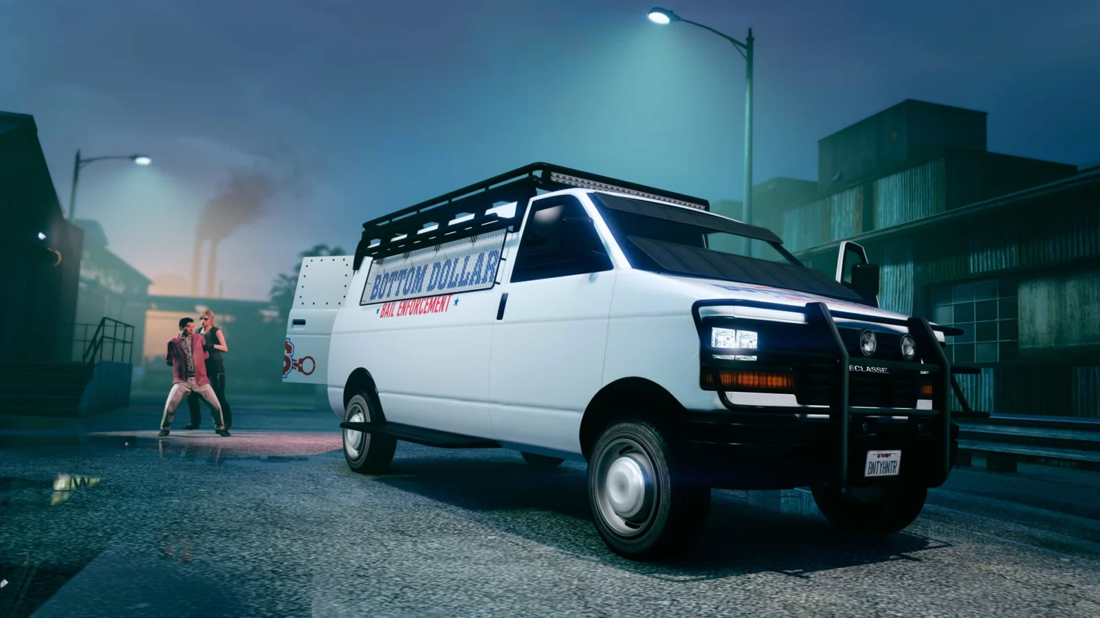 The Bottom Dollar Bail Enforcement van, a white Declasse Burrito with a roof light bar, parked at night