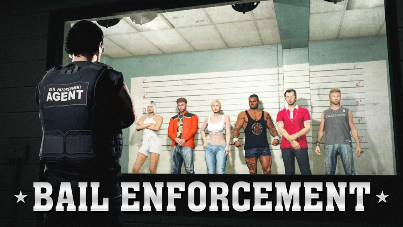 A Bail Enforcement agent in a vest watches six suspects in a police line-up, with the words Bail Enforcement across the bottom