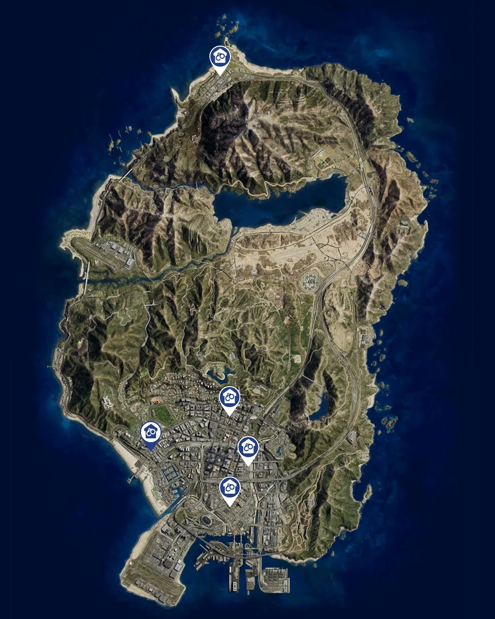 Map of San Andreas with the five Bail Office locations marked: one in Paleto Bay in the far north and four in Los Santos