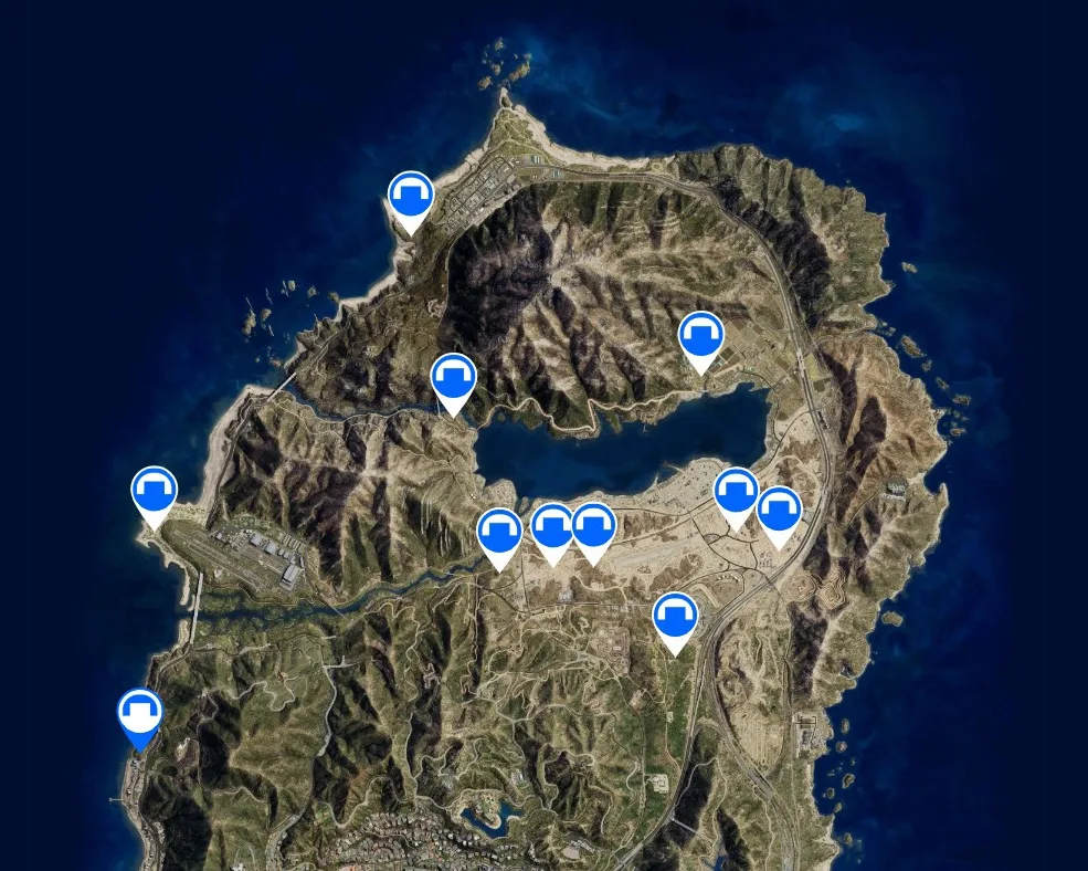 Map of all 11 GTA Online bunker locations from Maze Bank Foreclosures