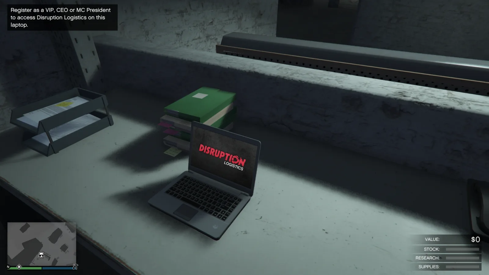 The Disruption Logistics laptop inside a GTA Online bunker where research and stock are managed