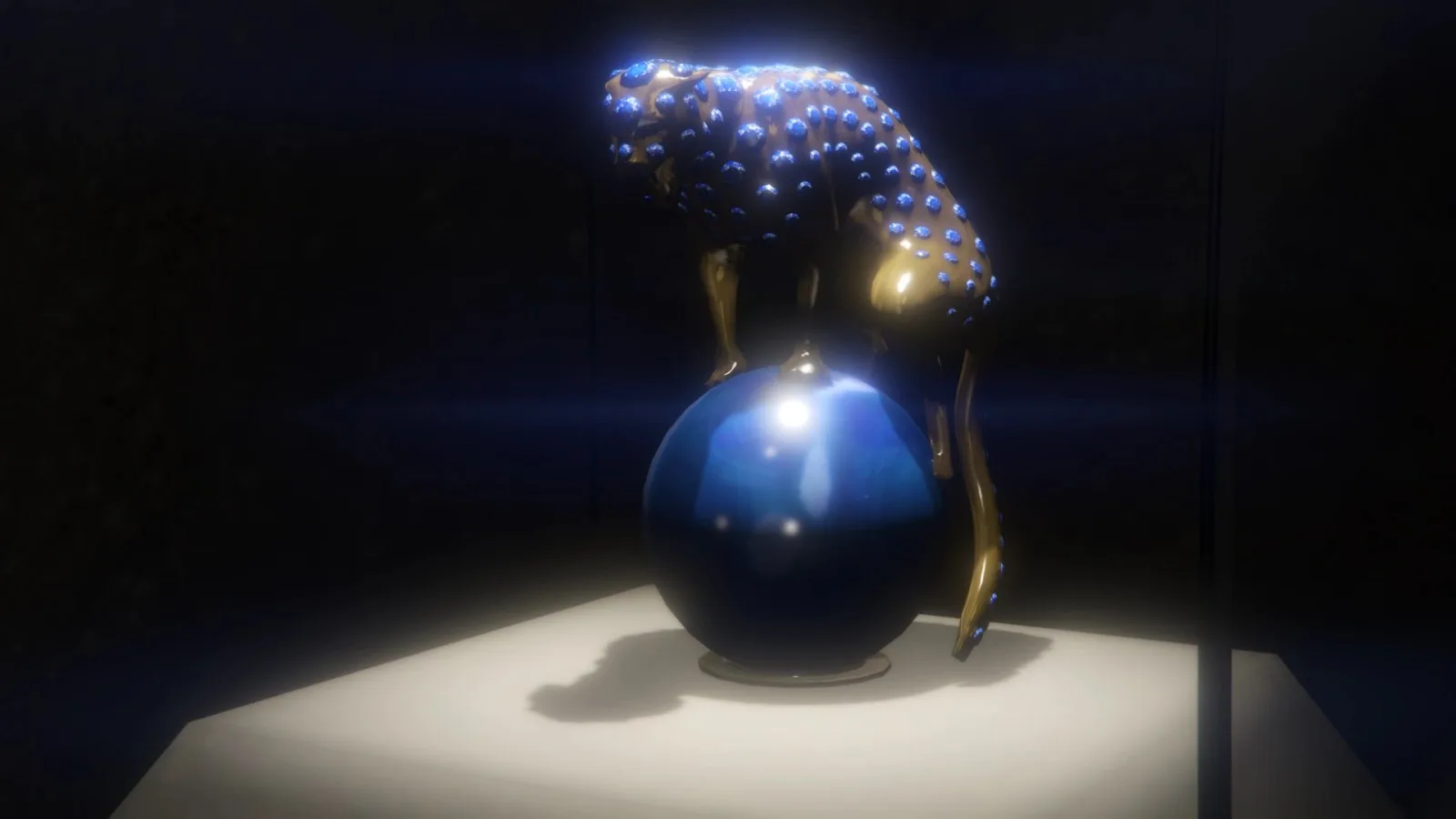 The Panther Statue in its lit glass case in El Rubio's vault, a gold panther studded with blue gems standing on a sphere