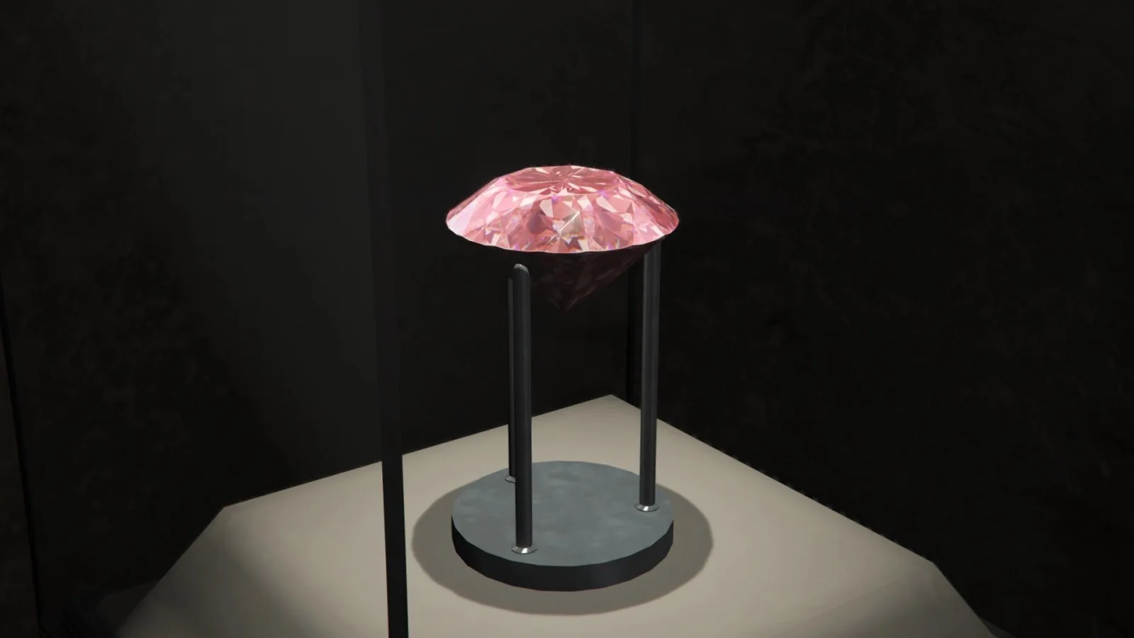 The Pink Diamond on its stand inside the glass case in El Rubio's vault