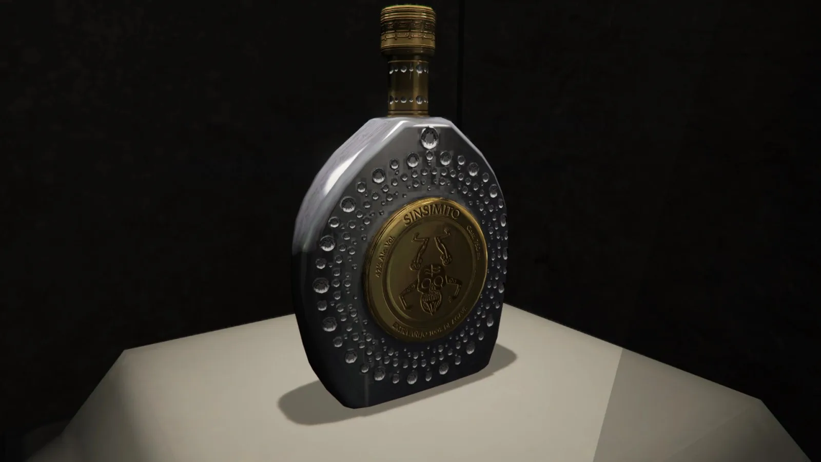 A bottle of Sinsimito Tequila in the vault display case