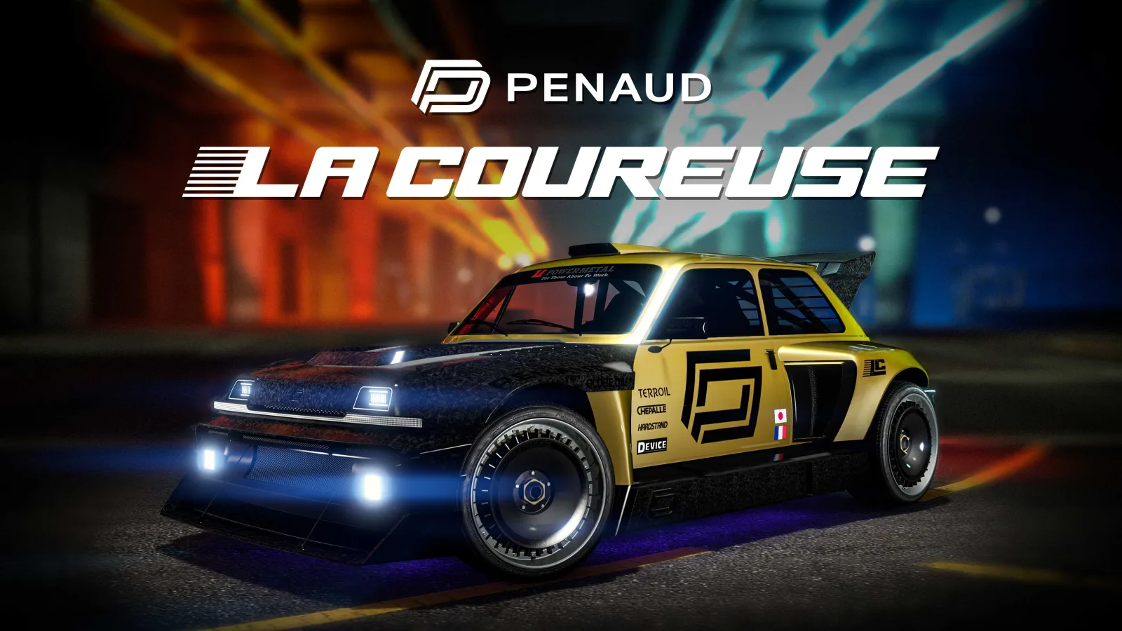 Poster for the gold and black Penaud La Coureuse sports car, the Business Rivalries Weekly Challenge bonus