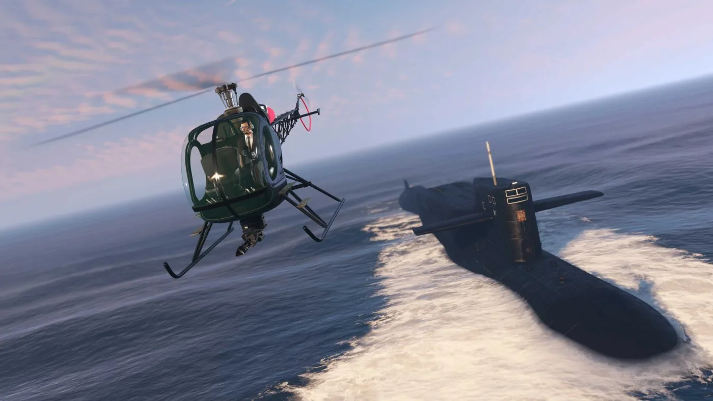 The Sparrow helicopter on the Kosatka's moon pool helipad