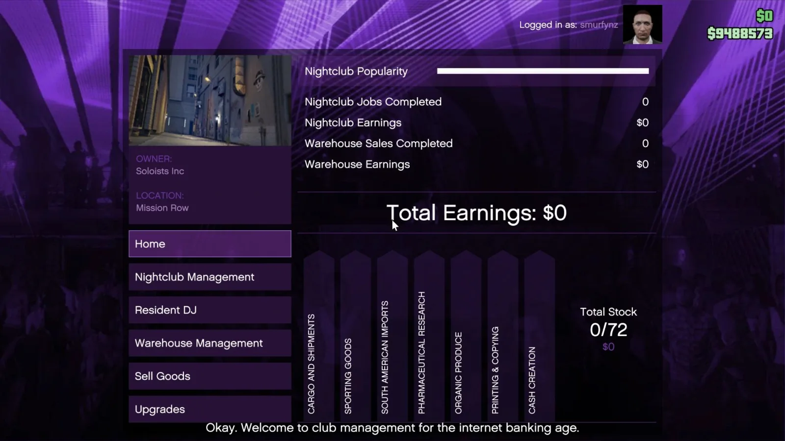 The Nightclub Management home screen in GTA Online showing popularity, daily income and safe capacity