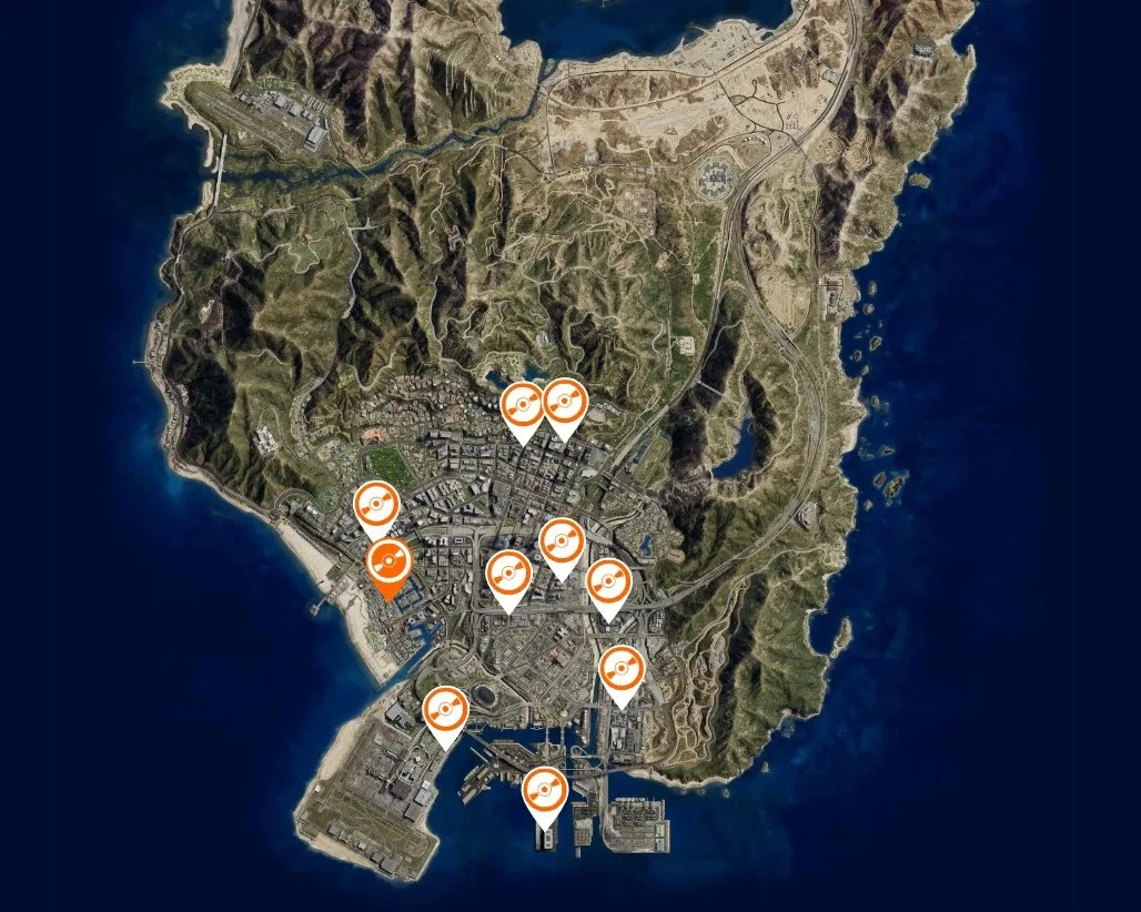 Map of all ten GTA Online nightclub locations from Maze Bank Foreclosures