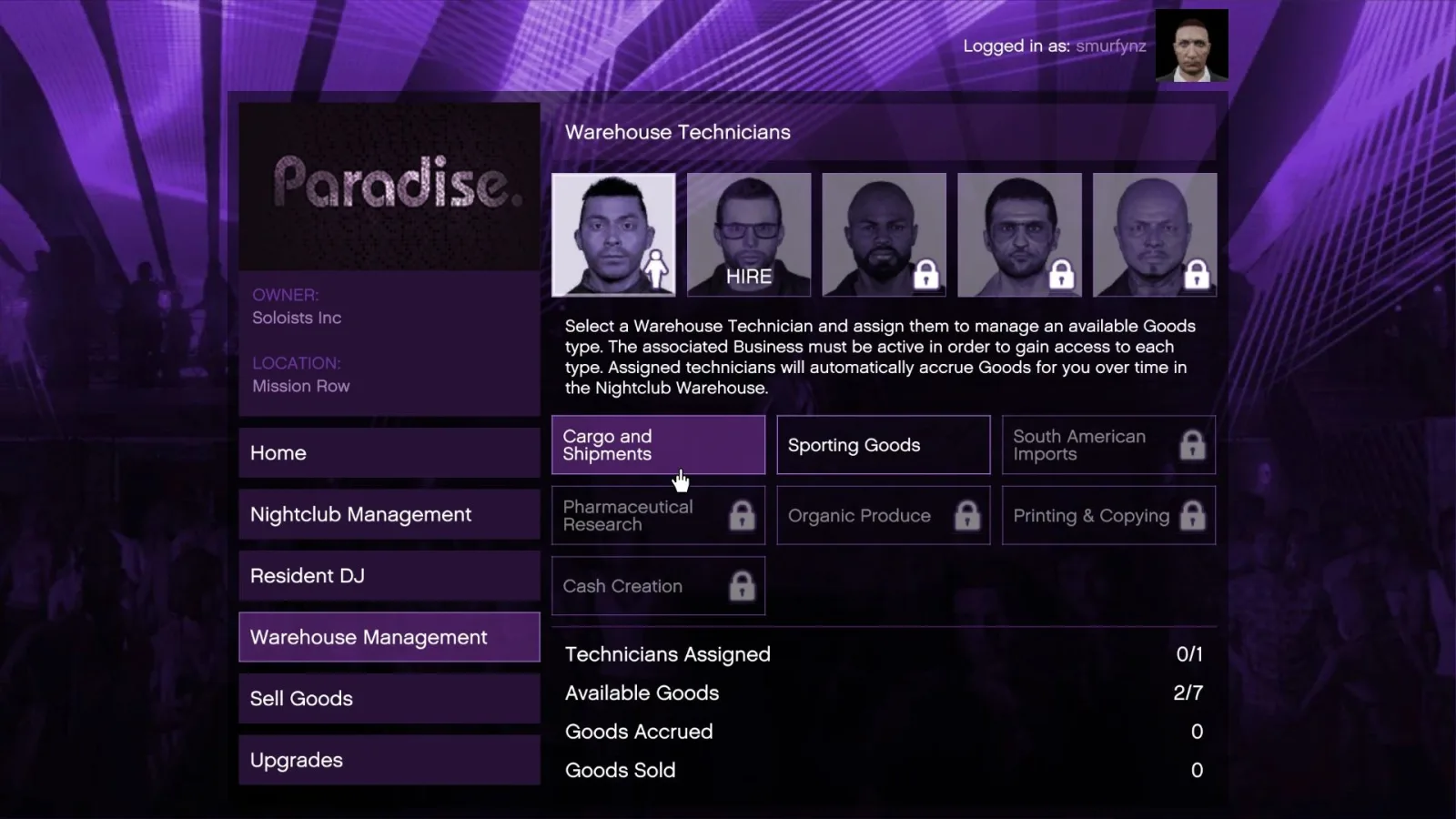 The Warehouse Management screen in a GTA Online nightclub showing technician assignments