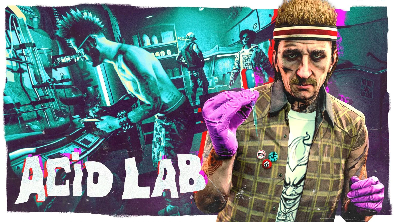Official Acid Lab artwork: Mutt in a tie-dye lab with a Fooliganz member, and a chemist in purple gloves holding a syringe, with the words Acid Lab