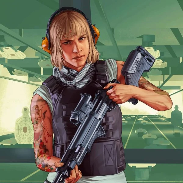 Career Builder Gunrunner option artwork: a woman with ear defenders holding a rifle at a shooting range