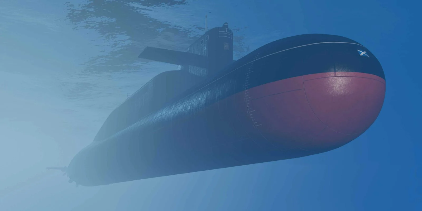 The Kosatka submarine underwater, with its dark hull and red-painted nose