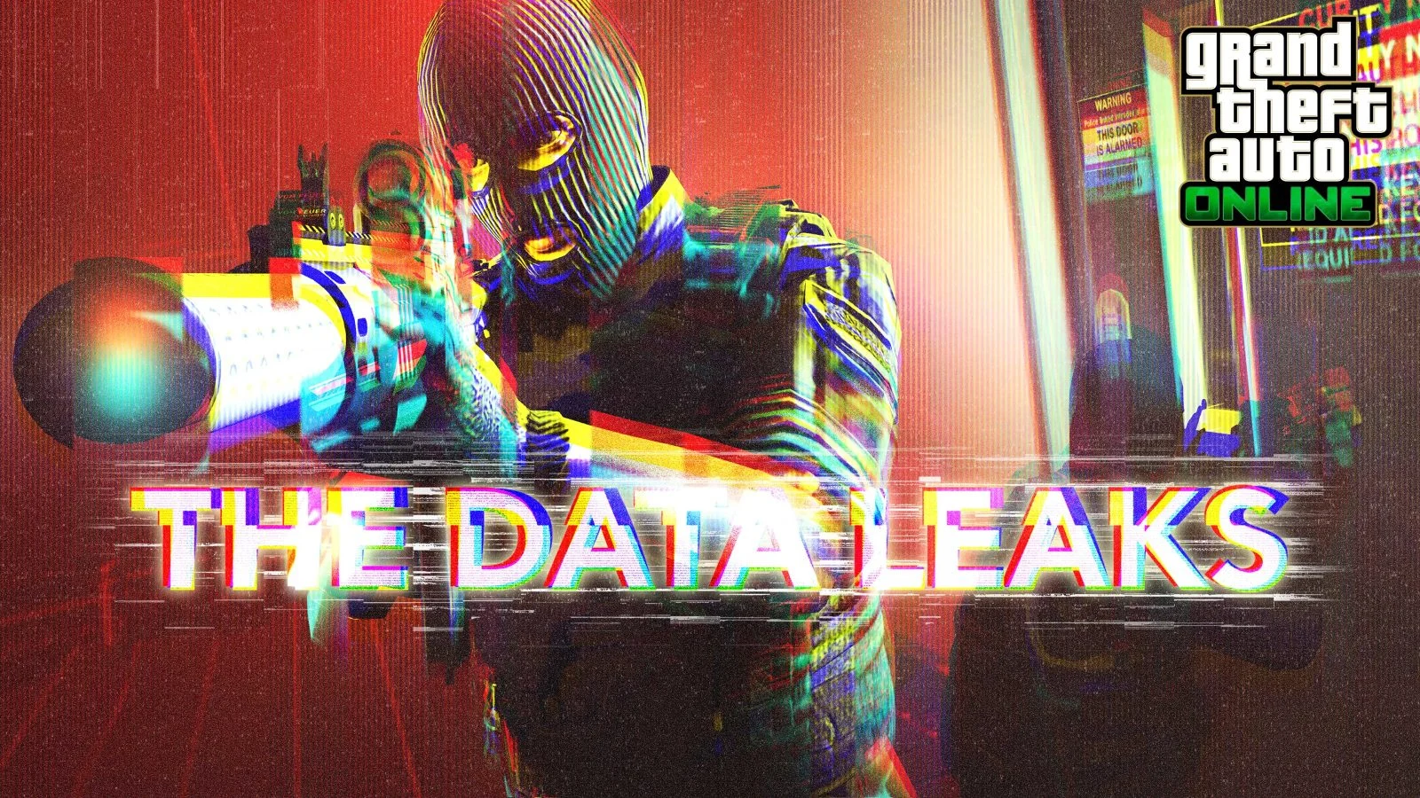 GTA Online The Data Leaks artwork: a masked gunman aiming a rifle, with glitch effects and the GTA Online logo
