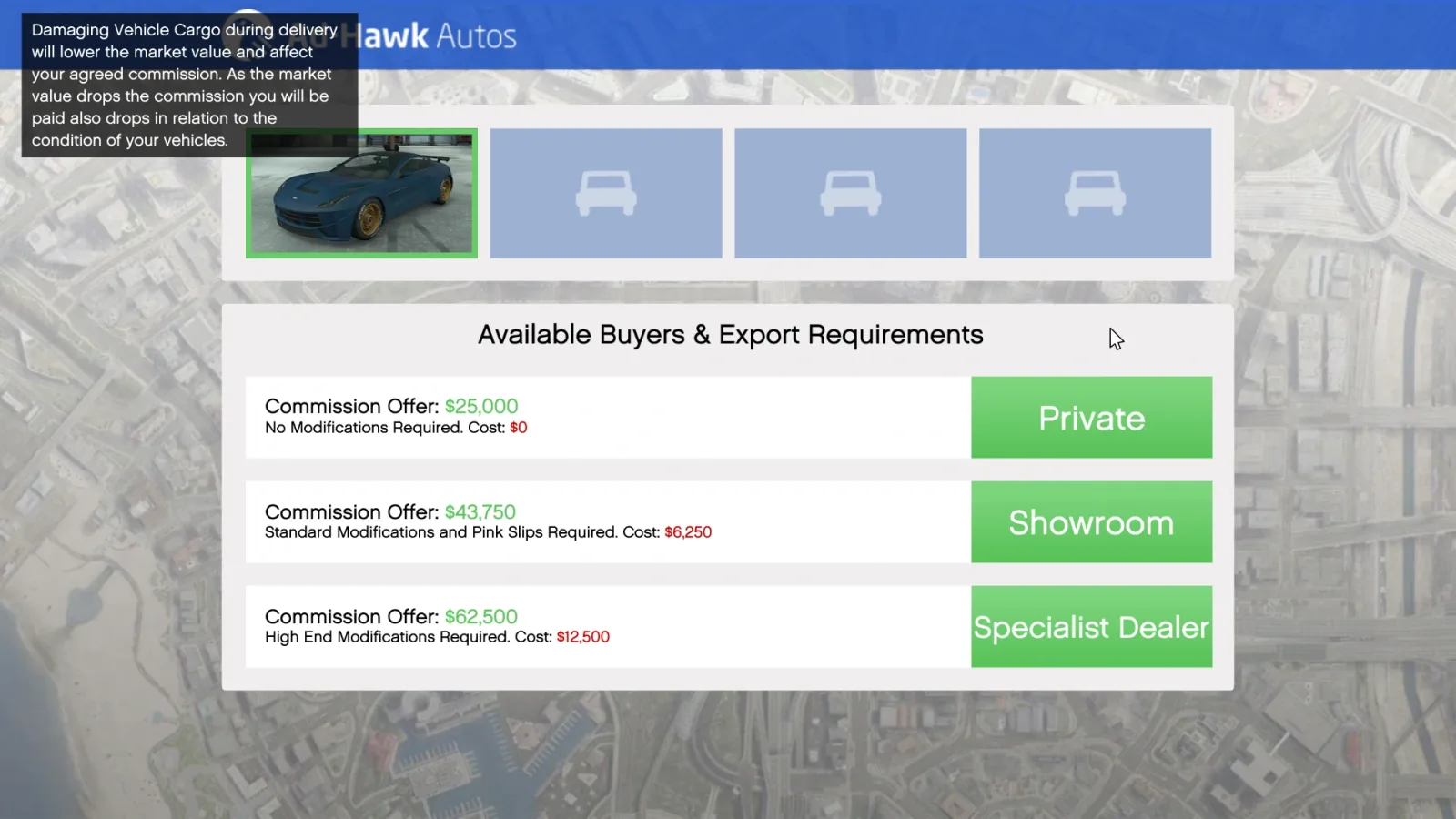 The Ad-Hawk Autos export screen in GTA Online, offering Private, Showroom and Specialist Dealer buyers for a Mid Range car at $25,000, $43,750 and $62,500