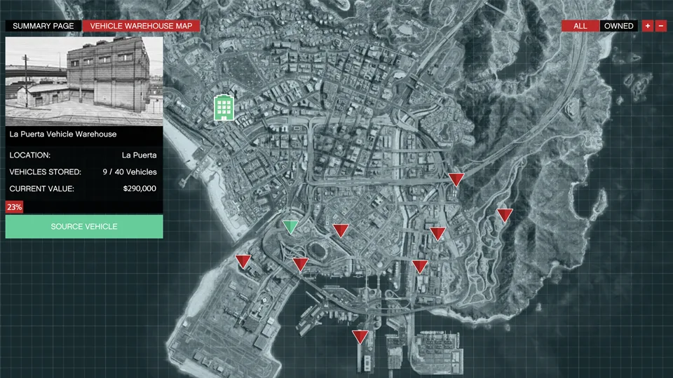 The SecuroServ Vehicle Warehouse map in GTA Online, showing the La Puerta warehouse with 9 of 40 vehicles stored and a Source Vehicle button