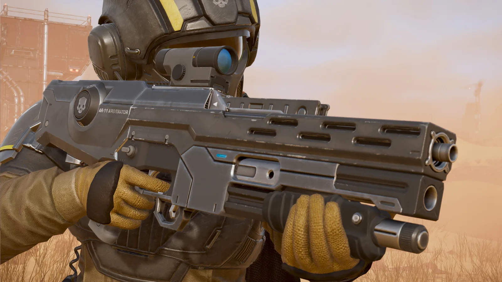 Close-up of a Helldiver aiming the AR-11 Arbitrator assault rifle, with the name stamped on the receiver and the underslung shotgun barrel below the main barrel