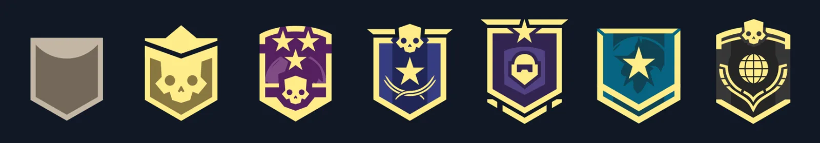 Seven Helldivers 2 rank icons from left to right: level 1 Cadet, level 50 Skull Admiral, level 100 Hell Commander, level 150 Super Private, level 200 Ranger Bald Eagle Class, level 250 Master Divemaster and level 300 Rank 300