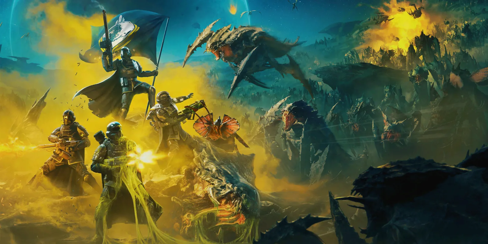 Helldivers Mobilize Warbond cover art showing a squad of Helldivers with a Super Earth flag fighting a Terminid swarm