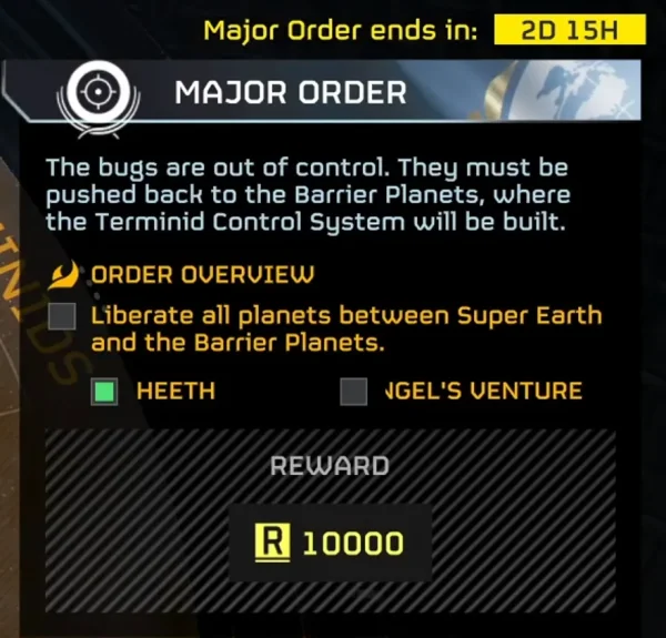 The Helldivers 2 Major Order panel showing the briefing, order overview checklist and reward box
