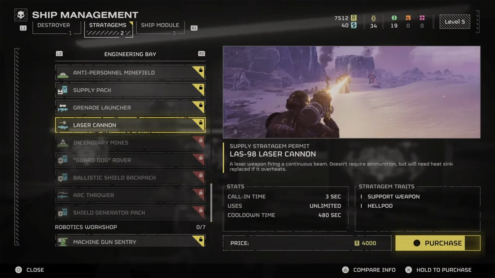 Helldivers 2 Ship Management Stratagems tab showing the LAS-98 Laser Cannon priced at 4,000 Requisition, with the Requisition balance top right