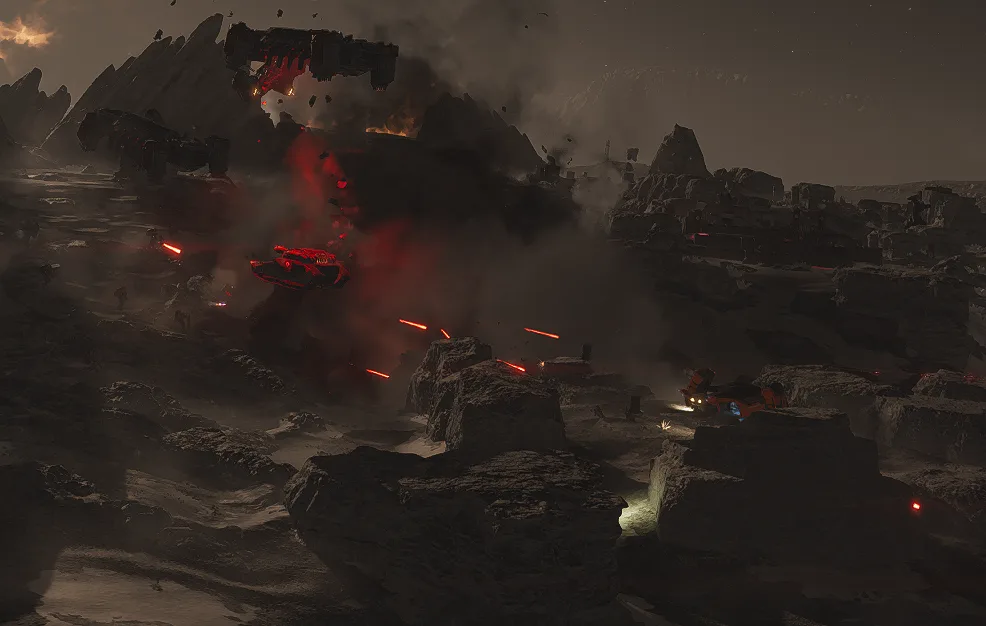 An extraction shuttle arriving under fire from Automaton forces on a rocky planet
