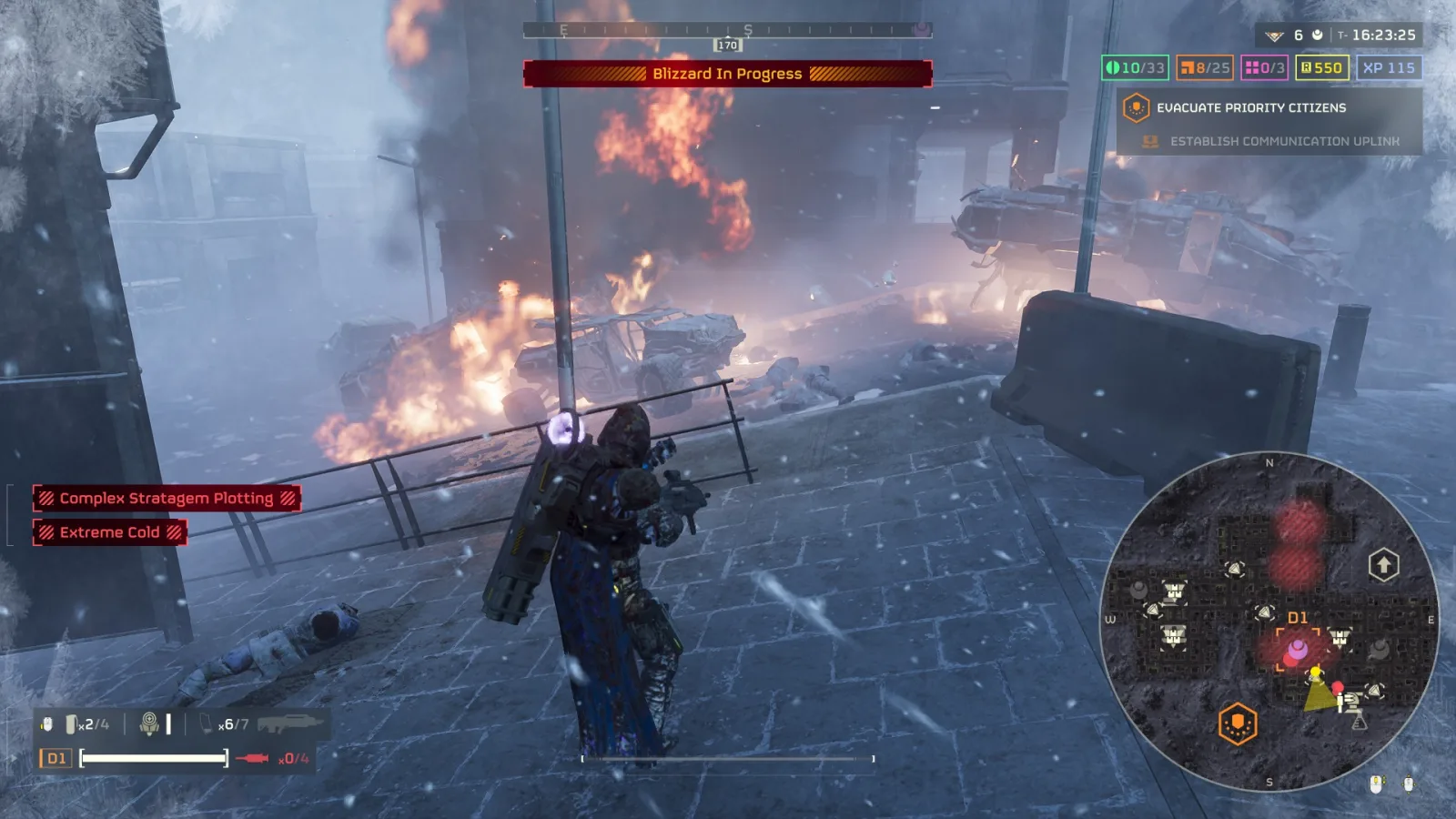 The same burning convoy from another angle, with the minimap showing a colony rather than a fully urban biome