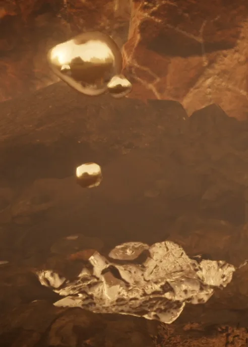Super Uranium, the pink Super Sample, shown as a hovering blob above a pool of liquid metal