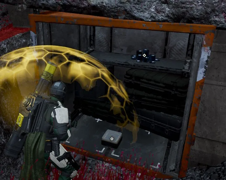 A Helldiver standing at an opened orange cargo container, with loot items on its shelf and floor
