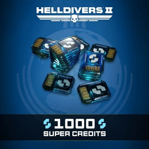 Official Helldivers 2 artwork for the 1000 Super Credits pack, showing stacks of Super Credit chips under the Helldivers II logo