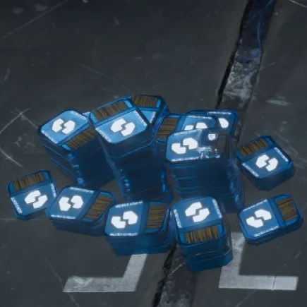 A pile of blue Super Credit chips lying on the floor of a cargo container