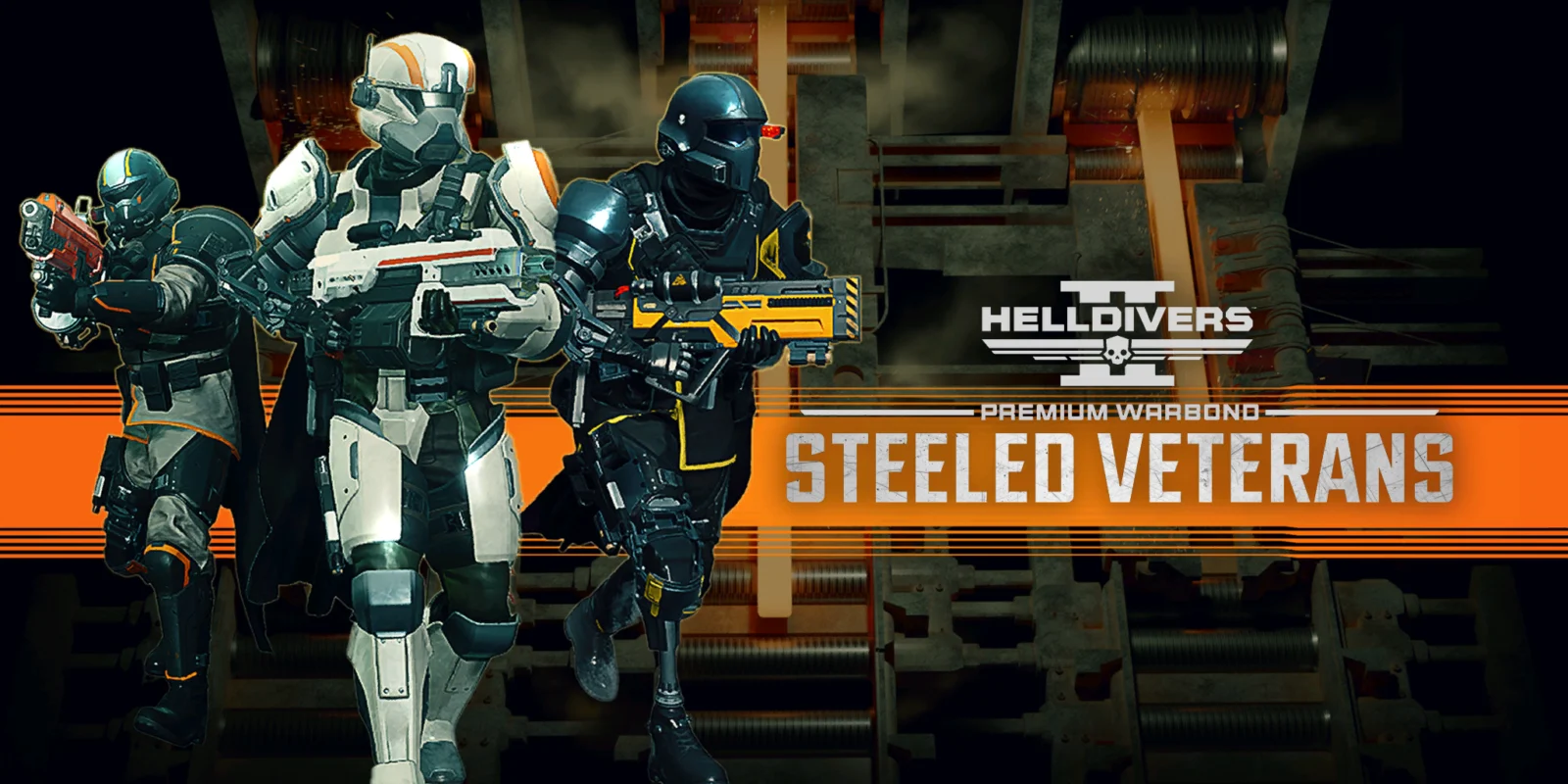Steeled Veterans Premium Warbond key art showing three armored Helldivers