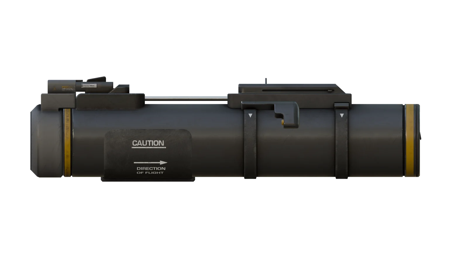 Side view render of the EAT-17 Expendable Anti-Tank launcher with a caution label and direction-of-flight arrow