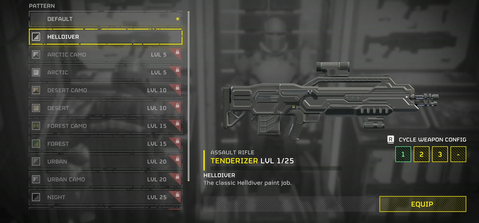 Helldivers 2 weapon customization screen showing the Tenderizer at level 1 of 25 with patterns locked at levels 5, 10, 15, 20 and 25