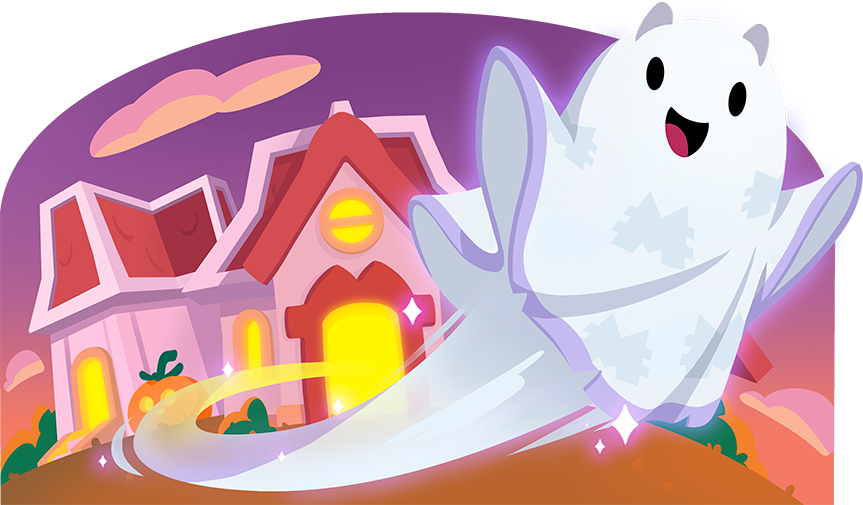 Trick or Treat board raid art: a cartoon ghost floating past a lit-up house with pumpkins