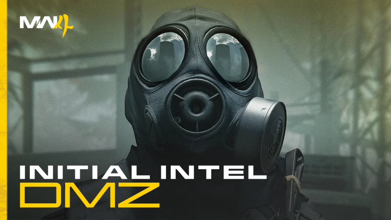 Operator in a black gas mask with the Modern Warfare 4 logo and the words Initial Intel DMZ