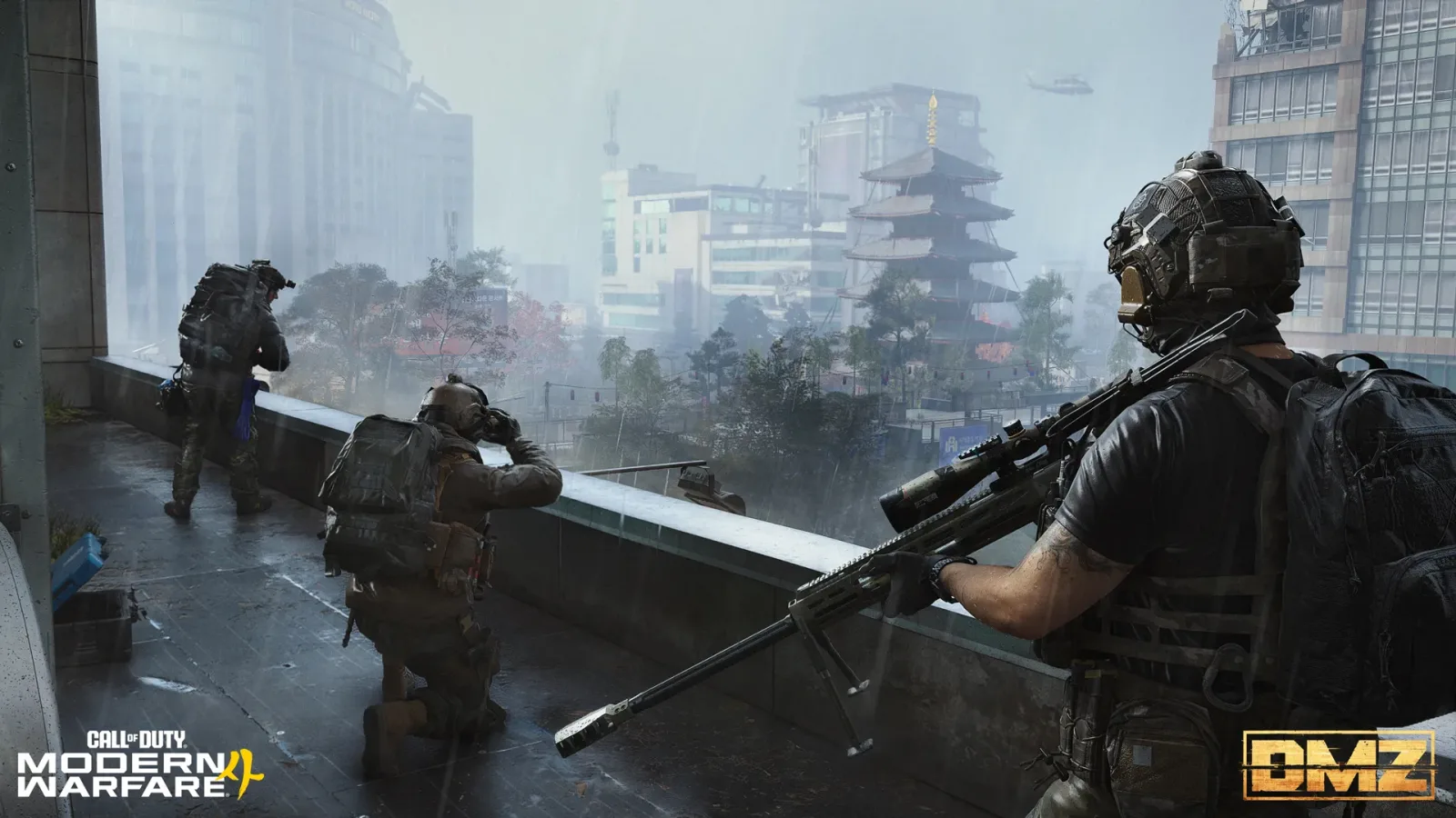 Three DMZ Operators on a rooftop looking over a rainy city district in Hajin