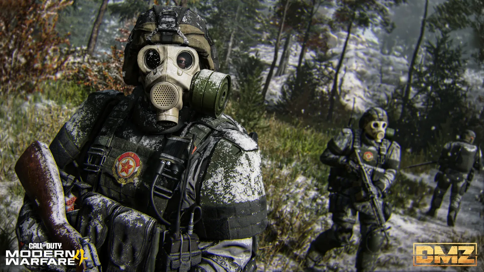Snow-covered soldiers in gas masks moving through a winter forest in Hajin