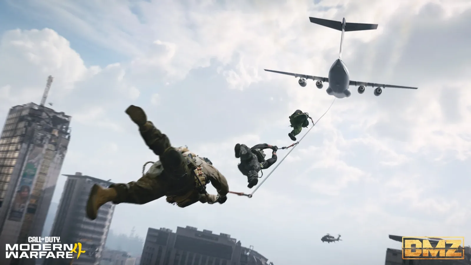 Three Operators being pulled up by a skyhook line to a cargo plane over Hajin city