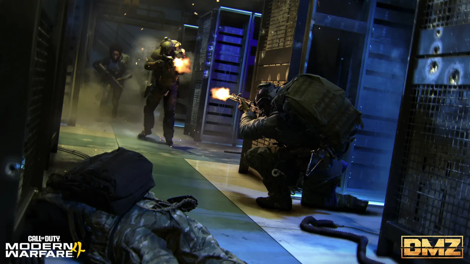 DMZ Operators trading gunfire between racks in a server room