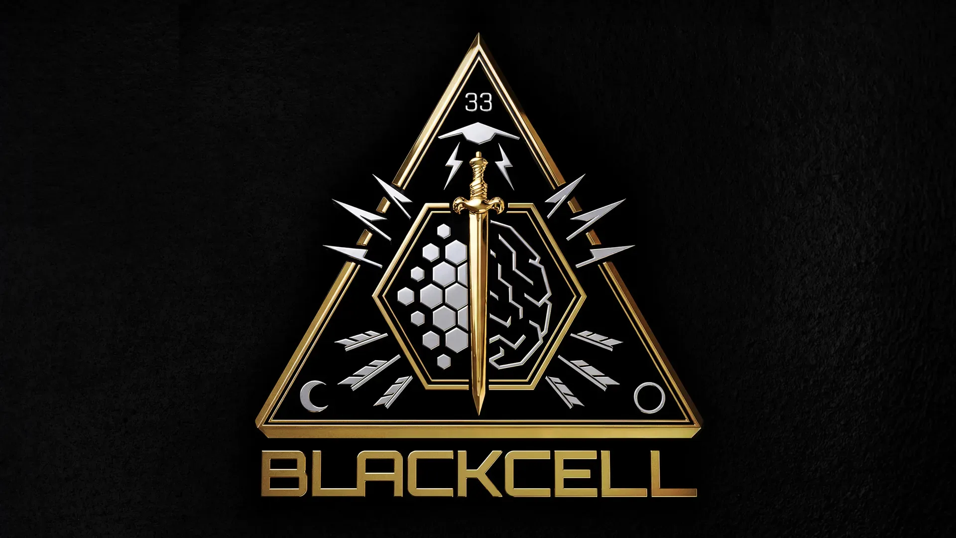 Gold BlackCell emblem: a triangle with a dagger, hexagon pattern and lightning bolts on a black background